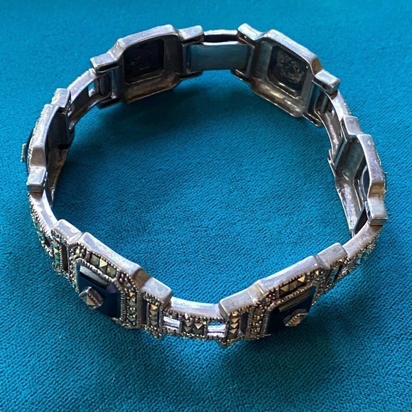 Vintage 925 Sterling Silver Marcasite Black Onyx Panel Deco Bracelet 8 3/8" - Picture 8 of 9